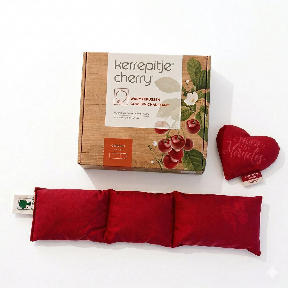 Limited Edition Kersepitje Cervico Langwerpig Kersenpitkussen – The ONLY Original - 13 x 55cm + Hartje